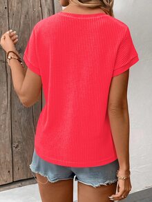 EMERY ROSE Women's Solid Color V-Neck Batwing Short Sleeve Casual Loose T-Shirt - Red - View 2