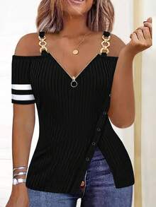 EMERY ROSE Women T-Shirts Rantai Zip Plain Striped Casual - MultiWarna - View 3