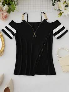 EMERY ROSE Women T-Shirts Rantai Zip Plain Striped Casual - MultiWarna - View 4