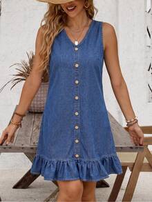EMERY ROSE Women's V-Neck Ruched Casual Party Vacation Travel Denim Dress Blue Autumn - Blue - View 7
