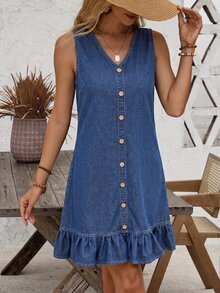 EMERY ROSE Women's V-Neck Ruched Casual Party Vacation Travel Denim Dress Blue Autumn - Blue - View 6