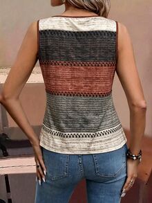 EMERY ROSE Women's Gray Summer Boho Casual Vacation Striped Contrast Color Print Tank Top,Sleeveless T-Shirt For Party,Date,Wedding,Work,Business Elegant,Daily - Multicolor - View 2