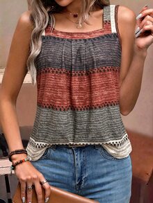 EMERY ROSE Women's Gray Summer Boho Casual Vacation Striped Contrast Color Print Tank Top,Sleeveless T-Shirt For Party,Date,Wedding,Work,Business Elegant,Daily - Multicolor - View 4