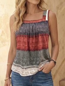 EMERY ROSE Women's Gray Summer Boho Casual Vacation Striped Contrast Color Print Tank Top,Sleeveless T-Shirt For Party,Date,Wedding,Work,Business Elegant,Daily - Multicolor - View 3