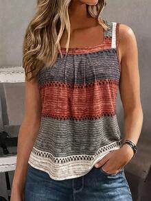 EMERY ROSE Women's Gray Summer Boho Casual Vacation Striped Contrast Color Print Tank Top,Sleeveless T-Shirt For Party,Date,Wedding,Work,Business Elegant,Daily - Multicolor - View 1