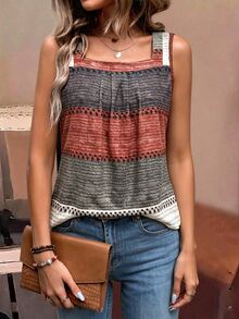 EMERY ROSE Women's Gray Summer Boho Casual Vacation Striped Contrast Color Print Tank Top,Sleeveless T-Shirt For Party,Date,Wedding,Work,Business Elegant,Daily - Multicolor - View 6