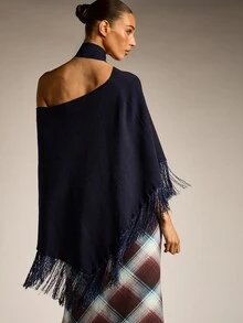 AiiRZ Atasan Poncho Rajut Asimetris Satu Bahu dengan Lengan Kelelawar, Model Cape dengan Hiasan Rumbai Warna Navy, Gaya Boho Musim Gugur dan Musim Dingin. - Biru - View 3