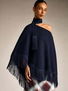 AiiRZ Atasan Poncho Rajut Asimetris Satu Bahu dengan Lengan Kelelawar, Model Cape dengan Hiasan Rumbai Warna Navy, Gaya Boho Musim Gugur dan Musim Dingin. - Biru - View 1