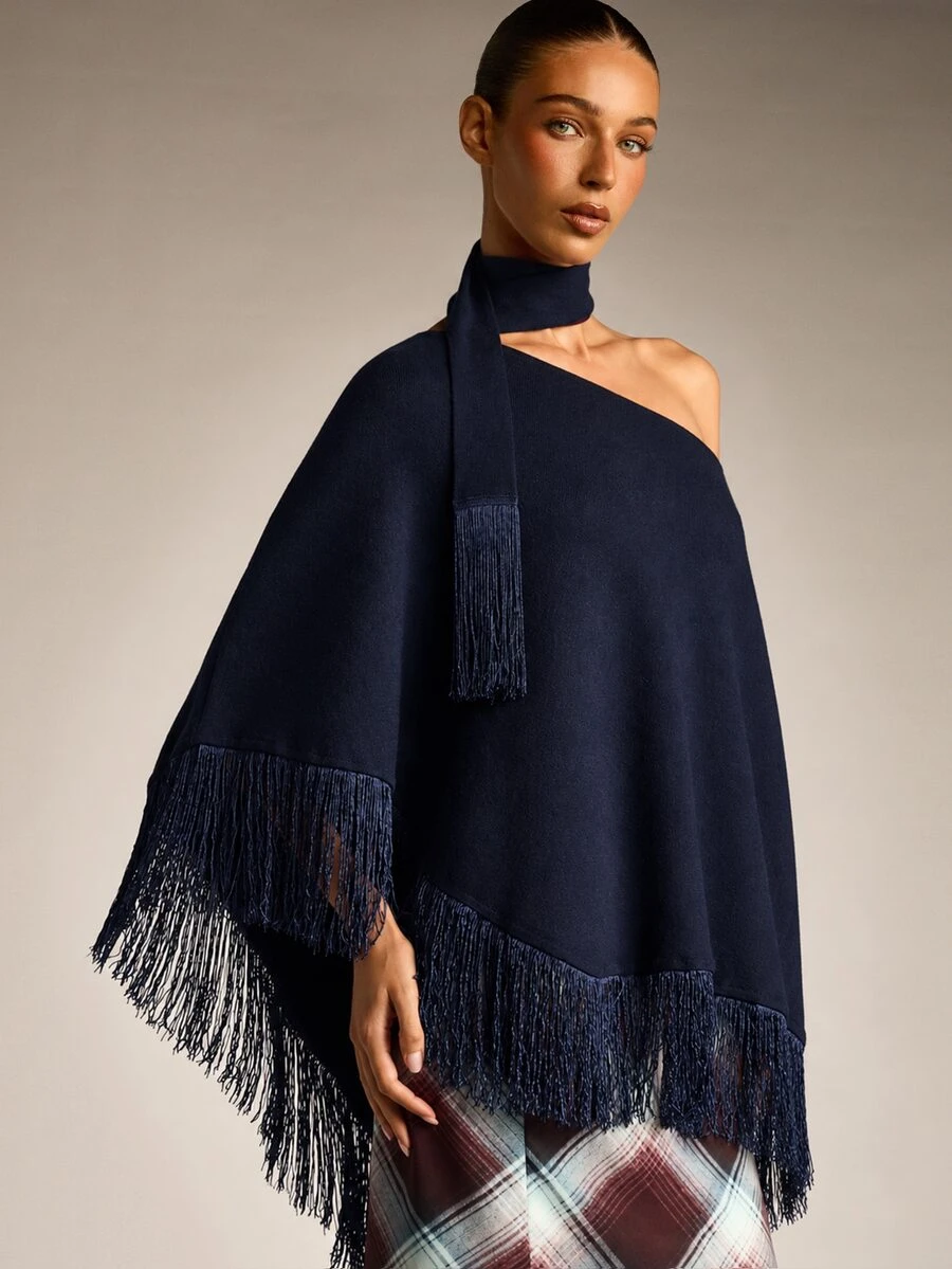 AiiRZ Atasan Poncho Rajut Asimetris Satu Bahu dengan Lengan Kelelawar, Model Cape dengan Hiasan Rumbai Warna Navy, Gaya Boho Musim Gugur dan Musim Dingin. - Biru - View 1