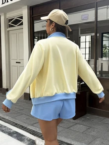 Muchica Plus Size Striped Colorblock Long Sleeve Sweatshirt And Drawstring Waist Shorts 2 Pieces Set - Multicolor - View 2