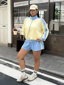 Muchica Plus Size Striped Colorblock Long Sleeve Sweatshirt And Drawstring Waist Shorts 2 Pieces Set - Multicolor - View 3