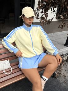 Muchica Plus Size Striped Colorblock Long Sleeve Sweatshirt And Drawstring Waist Shorts 2 Pieces Set - Multicolor - View 4