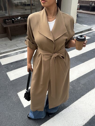 Muchica Plus Size Streetwear Long Sleeve Trench Coat With Pockets, Versatile For Daily Wear
