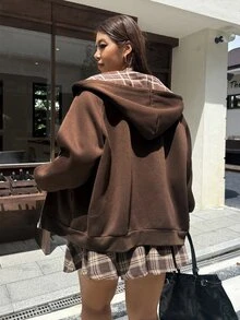 Muchica 大尺碼棕色格紋馬術刺繡拉鍊長袖休閒學院風寬鬆運動衫 - 棕色 - 查看 2