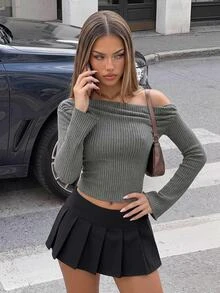 SHEIN ICON Grunge Asymmetrical Neck Rib-knit Tee - Dark Grey - View 3
