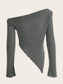 SHEIN ICON Grunge Asymmetrical Neck Rib-knit Tee - Dark Grey - View 2