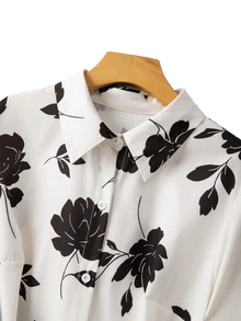 GlowEve CURVE Plus Size Women Ditsy Floral Tie Front Long Sleeve Shirt Fall - Black and White - View 5