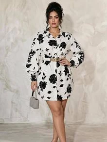 GlowEve CURVE Plus Size Women Ditsy Floral Tie Front Long Sleeve Shirt Fall - Black and White - View 2