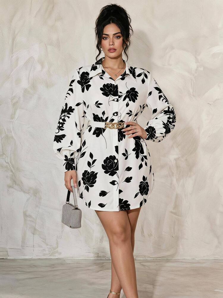 GlowEve CURVE Plus Size Women Ditsy Floral Tie Front Long Sleeve Shirt Fall - Black and White - View 2