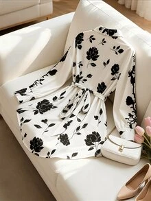 GlowEve CURVE Plus Size Women Ditsy Floral Tie Front Long Sleeve Shirt Fall - Black and White - View 7
