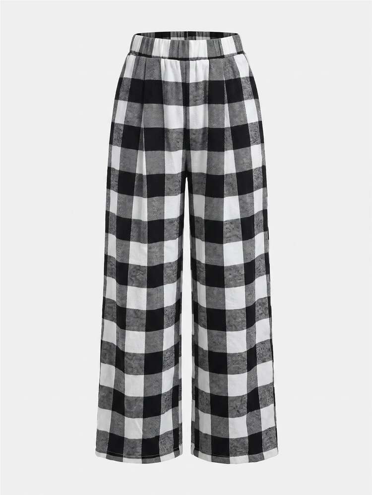 SHEIN طقم ملابس نوم مريح من قطعتين للفتيات المراهقات، تي شيرت كاجوال بسيط بياقة V وأكمام طويلة من نسيج محبوك مضلع مع بنطال بيجامة بنقشة مربعات، مناسب للربيع والخريف - أبيض وأسود - مشاهدة 6