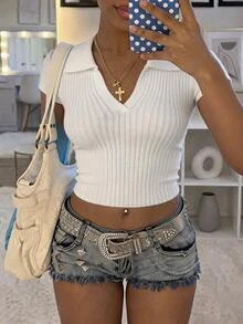 StreetHx Streetwear Basic Preppy Basic Women's Summer/ Solid Color Retro Casual Ribbed V-Neck Short Sleeve Knit Top Travel White Everyday School - Apricot - View 2