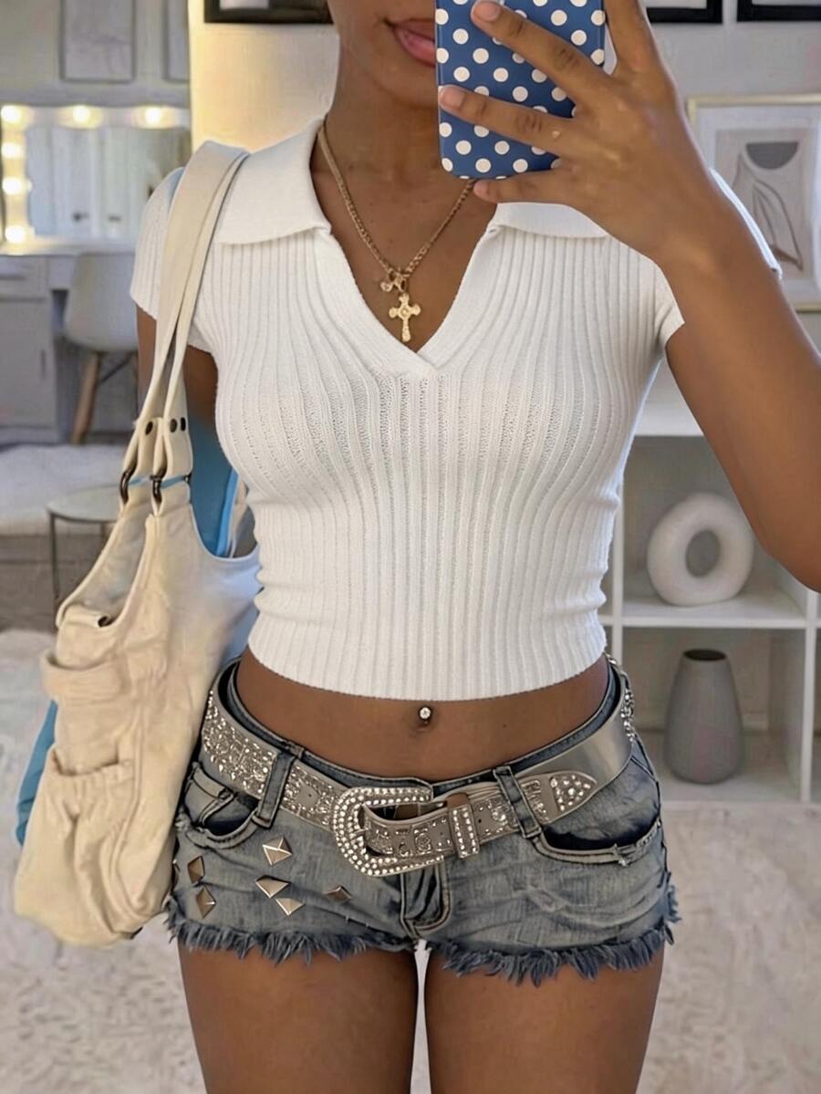 StreetHx Streetwear Basic Preppy Basic Women's Summer/ Solid Color Retro Casual Ribbed V-Neck Short Sleeve Knit Top Travel White Everyday School