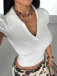 StreetHx Streetwear Basic Preppy Basic Women's Summer/ Solid Color Retro Casual Ribbed V-Neck Short Sleeve Knit Top Travel White Everyday School - Apricot - View 4
