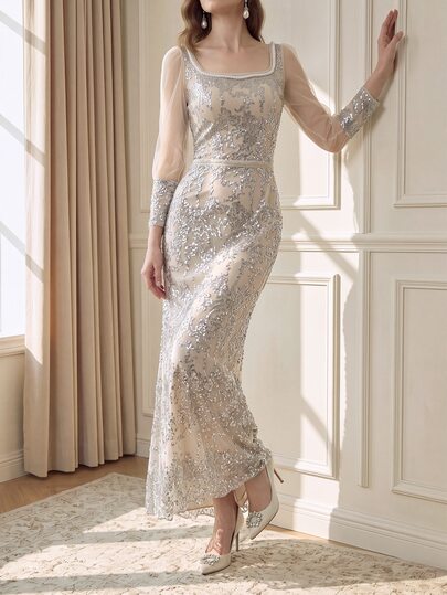 Suri Mira Khaki Sequin Mesh Dress With Pearl Trim, Puff Sleeves, Heart-Shaped Back, Fitted Long Dress For Women, Summer Outfit, Holiday Outfit, Elegant Party Dress, Summer Beach Dress, Birthday Dress, Elegant Dress For Women, Holiday Dress, Work Dress For Women