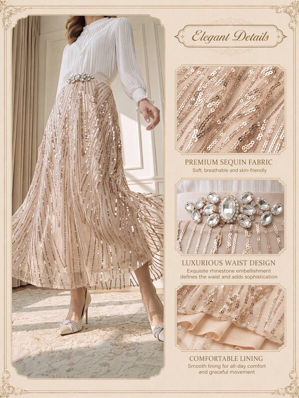 Suri Mira Khaki Geometric Sequin Skirt With Rhinestone Waistband, Sequin Mesh Vintage Women's Skirt, Summer Outfit, Holiday Outfit, Beach Outfit, Graduation Ceremony, Outing Outfit, Birthday Outfit, Summer Vacation Outfit, Women's Workwear