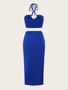 SHEIN ICON 兩件套綁帶背心加扭結前裙 - 寶藍色 - 查看 2