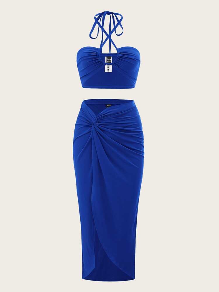 SHEIN ICON Two Piece Tie Back Halter Top & Twist Front Skirt - Royal Blue - View 3