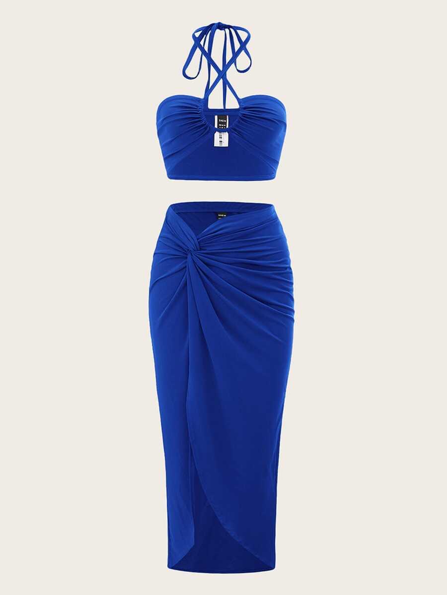 SHEIN ICON Two Piece Tie Back Halter Top & Twist Front Skirt - Royal Blue - View 1