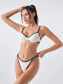 Bonmuse 2pcs Women's Underwear Set With Underwire, Letter Tape Design - White - View 3