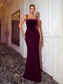 Glamrae Elegant Minimalist Fashion Deep Purple Elastic Mesh Halter Neck Velvet Full Body Pleated Long Formal Evening Gown - Burgundy - View 5