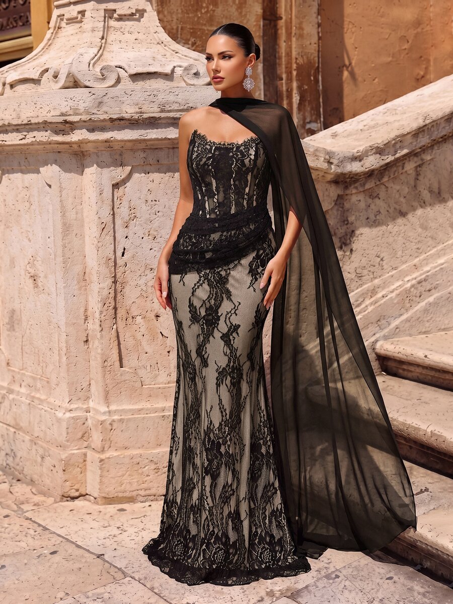 Glamrae Elegant Luxurious Elastic Lace Ruched Sexy Strapless Mermaid Dress With Detachable Sequin Skirt, Suitable For Weddings, Parties, Honeymoons, Galas