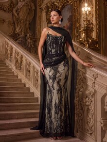 Glamrae Elegant Luxurious Elastic Lace Ruched Sexy Strapless Mermaid Dress With Detachable Sequin Skirt, Suitable For Weddings, Parties, Honeymoons, Galas - Black - View 6