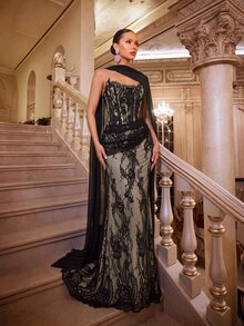 Glamrae Elegant Luxurious Elastic Lace Ruched Sexy Strapless Mermaid Dress With Detachable Sequin Skirt, Suitable For Weddings, Parties, Honeymoons, Galas - Black - View 4
