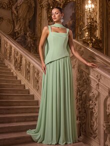 Glamrae Elegant And Luxurious Green Elastic Satin Patchwork Asymmetrical Design Ruched A-Line Hem Dress , Suitable For Evening Party, Date, Ball, Wedding - Grass Green - View 5