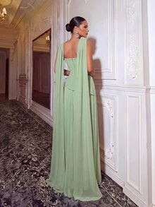 Glamrae Elegant And Luxurious Green Elastic Satin Patchwork Asymmetrical Design Ruched A-Line Hem Dress , Suitable For Evening Party, Date, Ball, Wedding - Grass Green - View 3