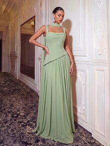 Glamrae Elegant And Luxurious Green Elastic Satin Patchwork Asymmetrical Design Ruched A-Line Hem Dress , Suitable For Evening Party, Date, Ball, Wedding - Grass Green - View 7