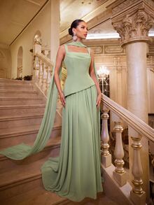 Glamrae Elegant And Luxurious Green Elastic Satin Patchwork Asymmetrical Design Ruched A-Line Hem Dress , Suitable For Evening Party, Date, Ball, Wedding - Grass Green - View 4