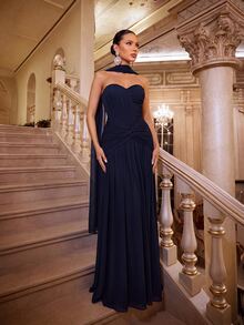 Glamrae Elegant Gray-Green High-Stretch Knit Mesh Bustier Evening Gown,Ruched Front,Twisted Waist,Mermaid Hem,Detachable Halter For Weddings&Formal Occasions - Navy Blue - View 5