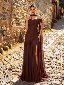 Glamrae Elegant Gray Minimalist Off-Shoulder Ruched Asymmetric A-Line High Slit Dress, Suitable For Weddings, Formal Events, Galas, And Cocktail Parties - Brown - View 6