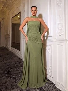 Glamrae Elegant Olive Green Fall/Winter Chiffon Strapless Fishbone Shaping Fishtail Dress,Formal Evening Prom Wedding Bridesmaid - Green - View 2