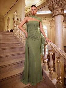 Glamrae Elegant Olive Green Fall/Winter Chiffon Strapless Fishbone Shaping Fishtail Dress,Formal Evening Prom Wedding Bridesmaid - Green - View 4