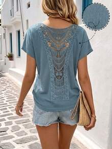 Louniche Women's Spring/Summer Casual Boho Vacation Lace Patchwork Textured Fabric Minimalist Short Sleeve T-Shirt Garden Party Dusty Blue - Dusty Blue - View 3