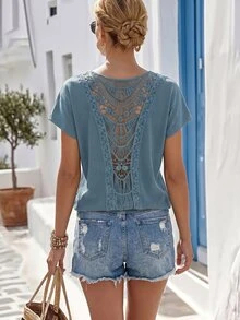 Louniche Women's Spring/Summer Casual Boho Vacation Lace Patchwork Textured Fabric Minimalist Short Sleeve T-Shirt Garden Party Dusty Blue - Dusty Blue - View 1