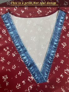 EMERY ROSE Denim Effect Ditsy Floral Contrast Color Regular Blouse For Women - Red - View 5