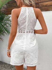 EMERY ROSE Hollow Out Embroidered Waist Cinched Sleeveless Jumpsuit - White - View 2